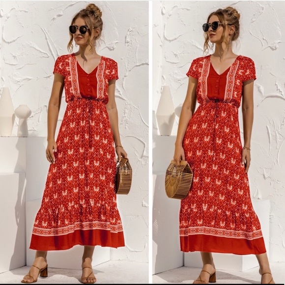 Dresses & Skirts - Red Floral Tie Waist Midi Dress (Calf Length)